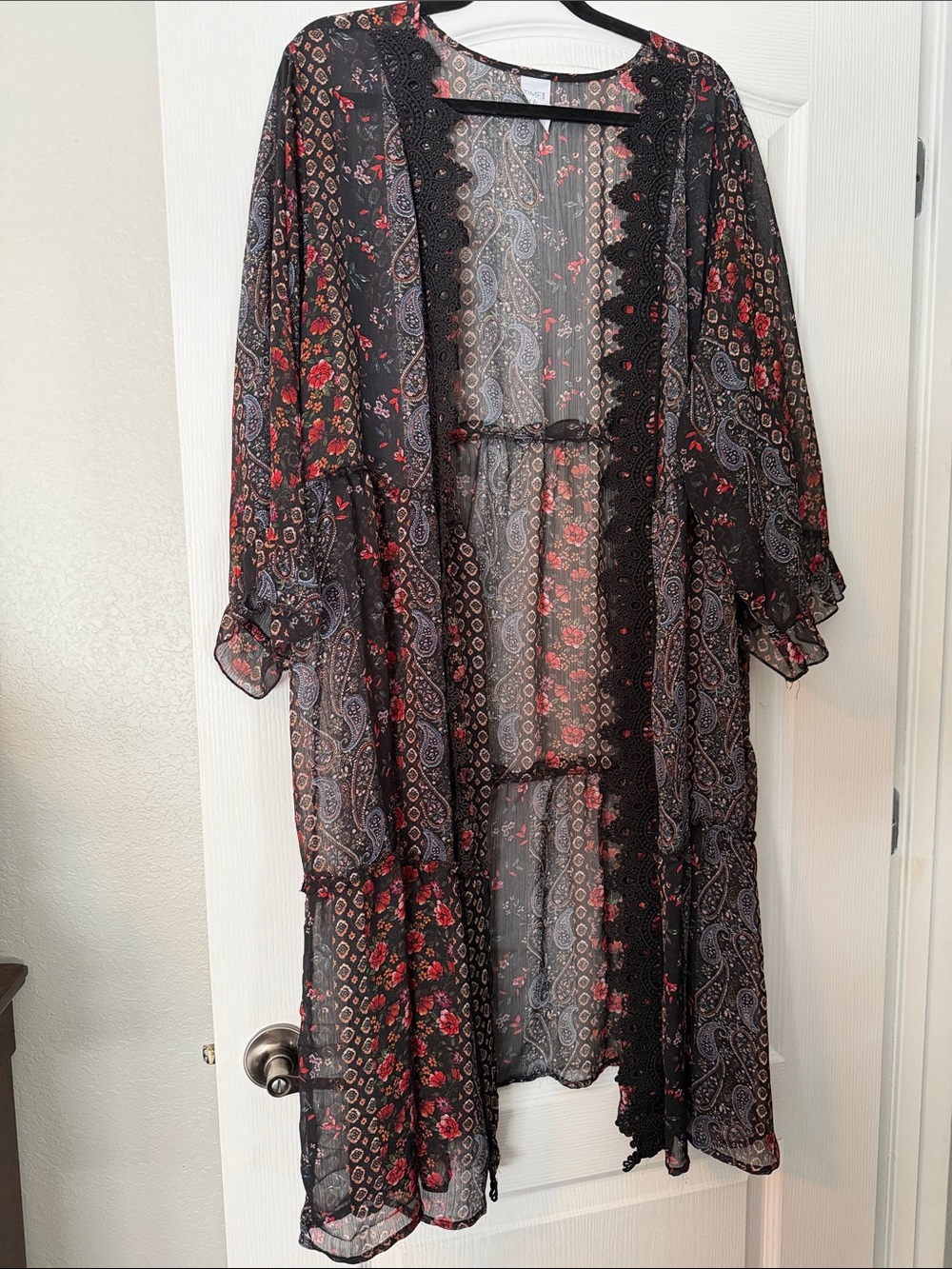 Sheer Black Paisley & Floral Kimono Duster